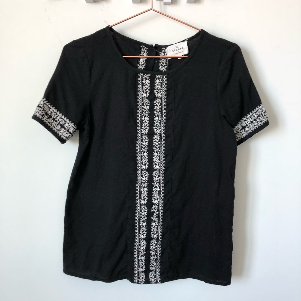 Sezane Black Short Sleeve Tee with White Embroidered Trim